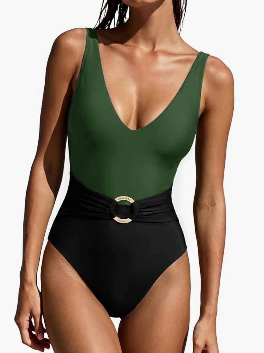 Flattering one piece tummy control swimsuit adjustable green and black